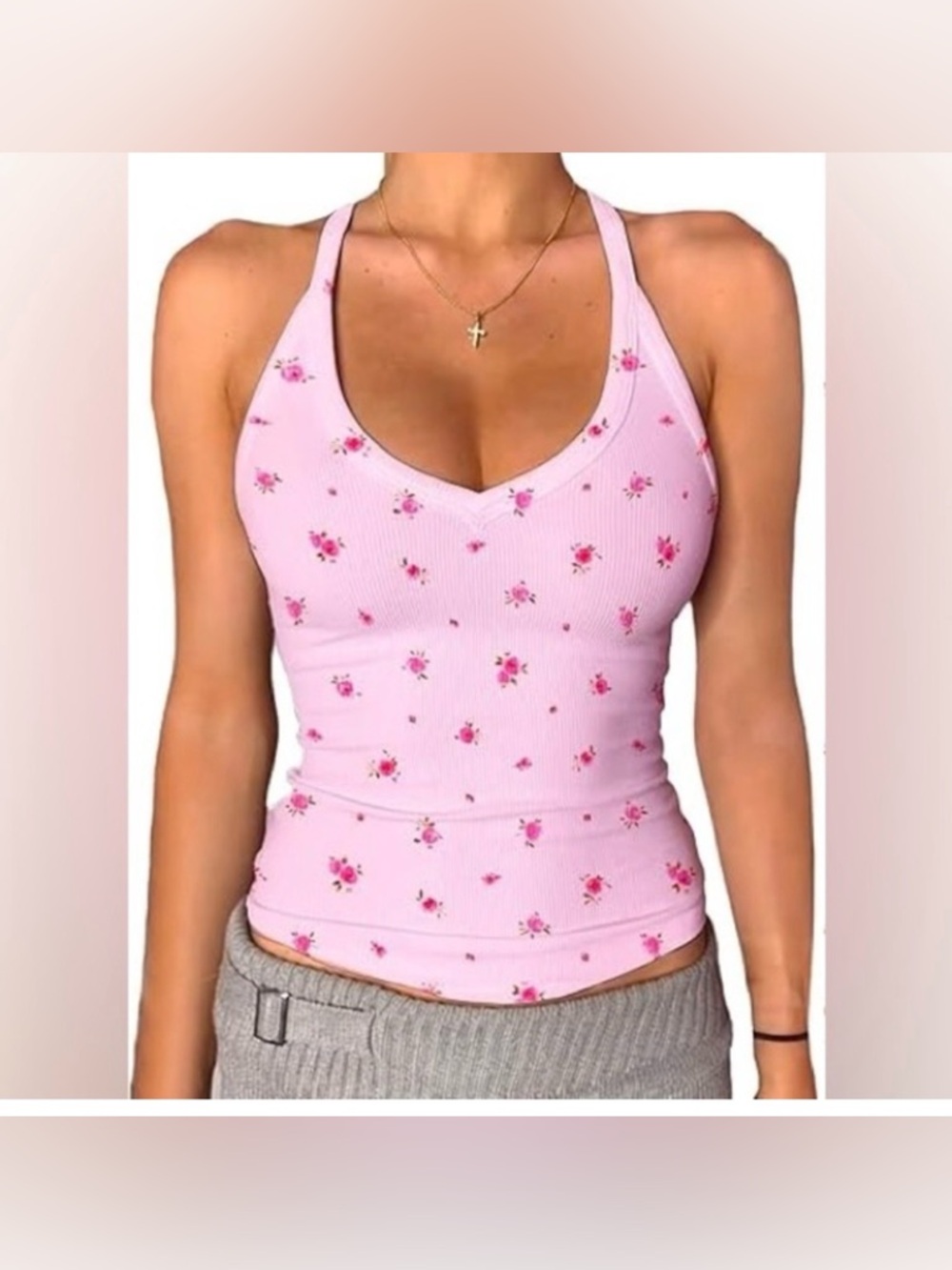 Danysu Pink Ditsy Floral Ribbed V-Neck RacerBack Feminine Girly Tank Size L